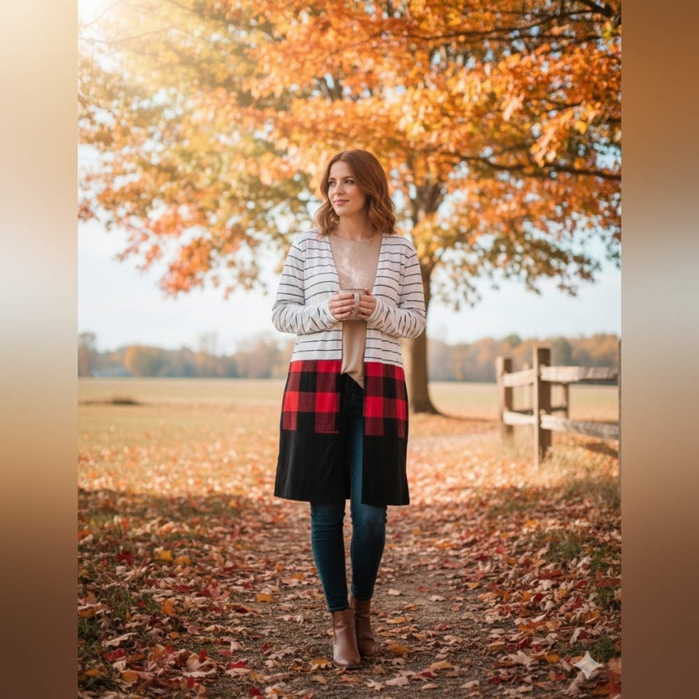 Elegant Striped and Plaid Cardigan New XL Pockets Long‎